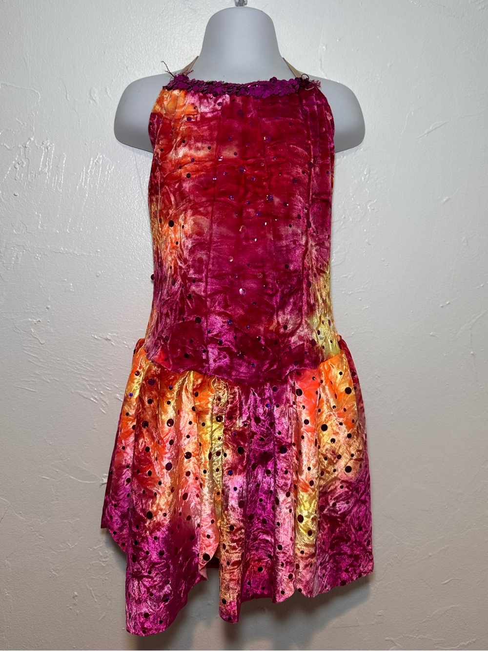 Tie-Dye Velvet Halter Dance Costume in Fuchsia, Orange & Yellow Sz MC